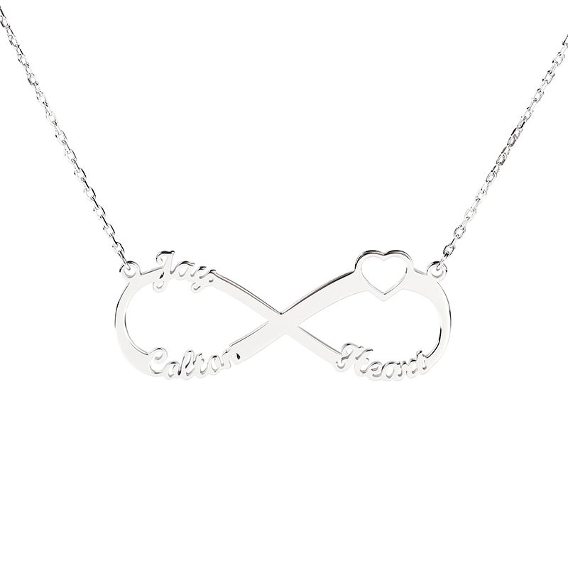 Heart Shape Three Name Infinity Necklace Sterling Silver
