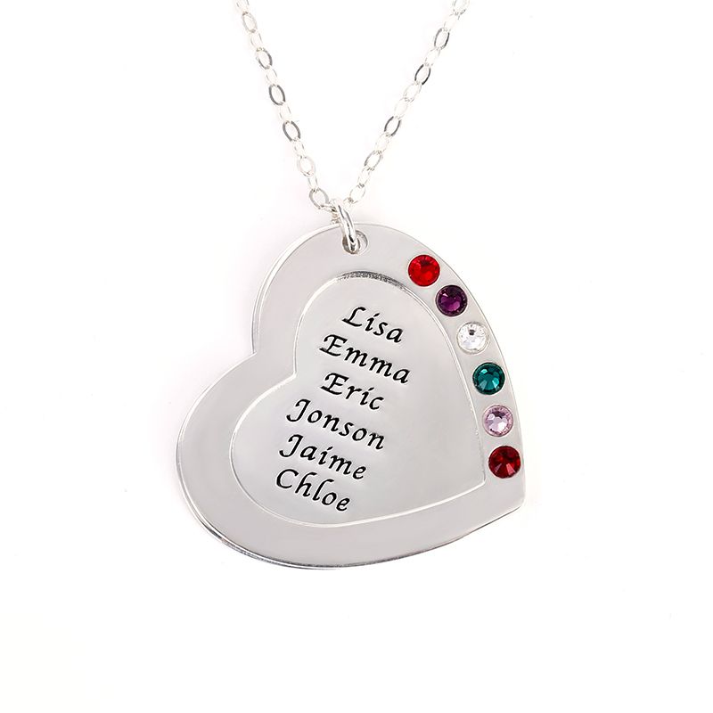 Heart Shape Family Necklace with Birthstones Sterling Silver