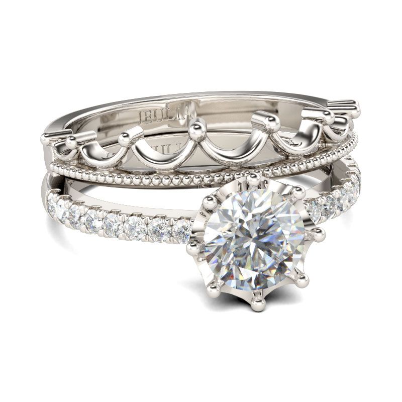 Crown Round Cut Sterling Silver Ring Set
